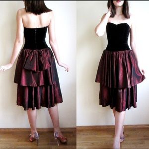 Vintage 80's black corset bustier velvet taffeta dress